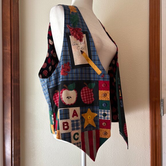VTG 90s Handmade Reversible Teacher's Vest Fall Leaves Apples Cotton Size L - Picture 7 of 12